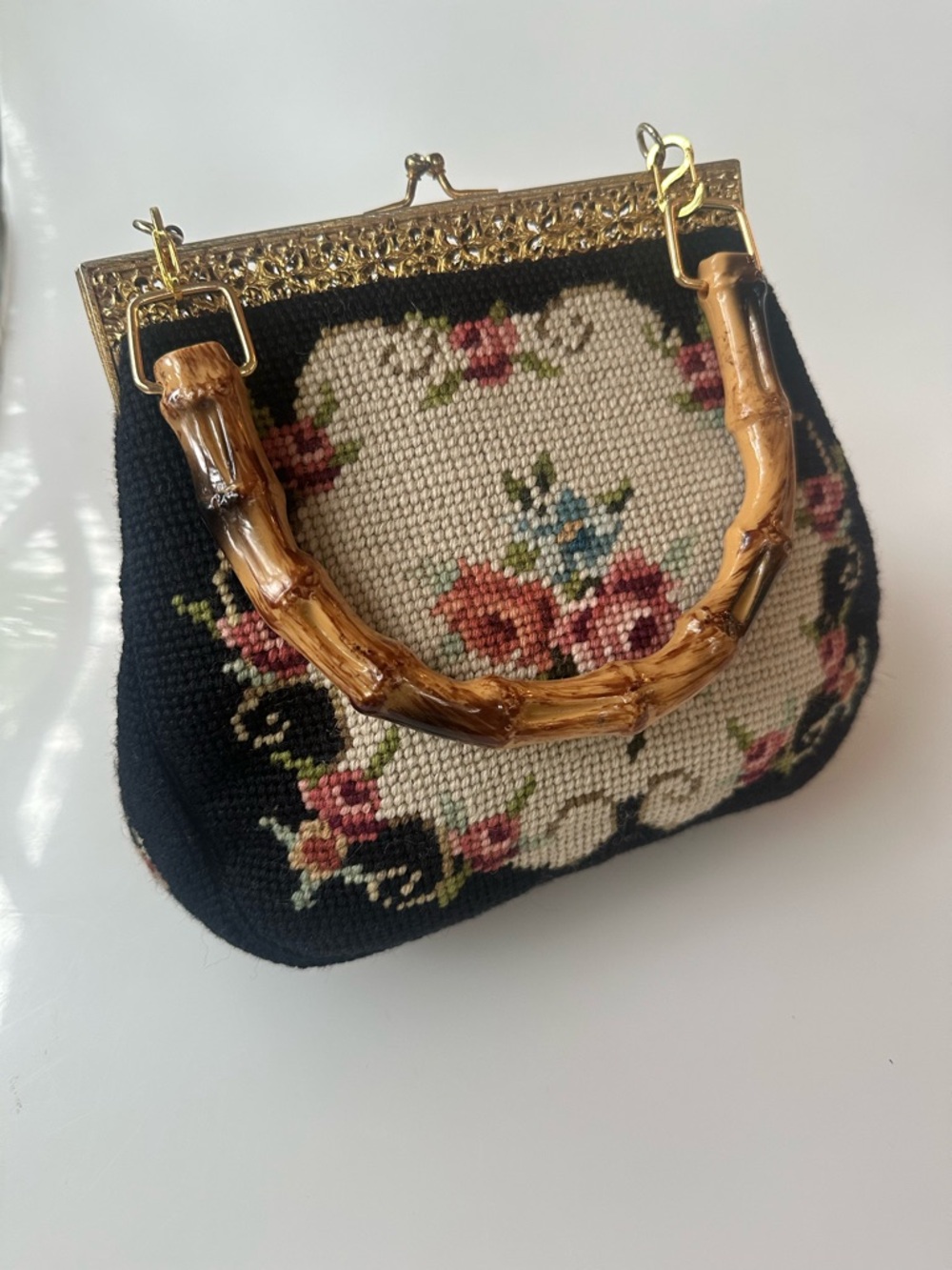 Vintage Floral Needlepoint Handbag by Christines of Detroit, with Bamboo Handle